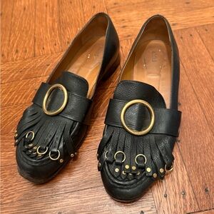Black Leather Loafers with Gold Accents